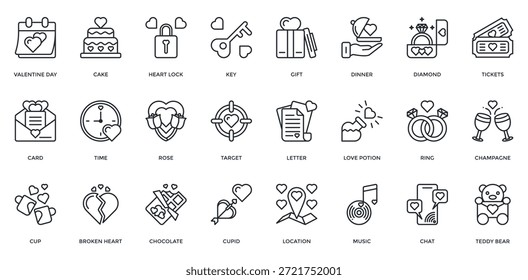 Conjunto de iconos de San Valentín. Contiene Día De San Valentín, Pastel, Regalo, Tarjeta, Rosa, Chocolate, Cupido, Cena, Icono De Diamante. Estilo de esquema