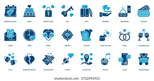 Valentinsymbolsatz. Enthaltend Valentinstag, Kuchen, Geschenk, Karte, Rose, Schokolade, Amor, Abendessen, Diamant-Symbol. Doppeltonstil