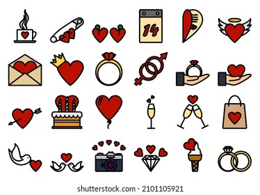 Valentine Icon Set. Editable Bold Outline With Color Fill Design. Vector Illustration.