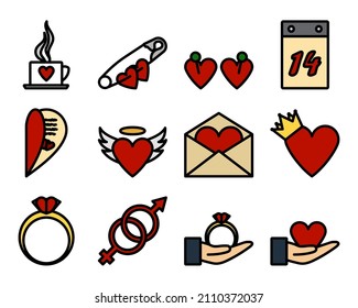 Valentine Icon Set. Editable Bold Outline With Color Fill Design. Vector Illustration.