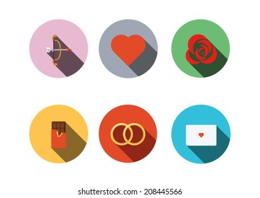 Valentine icon set ,Flat style with long shadows  ,Ring, Chocolate, rose,  bow of Cupid, love Letters,heart