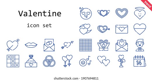 valentine icon set. line icon style. valentine related icons such as love, groom, couple, engagement ring, heart, cupid, lips, romantic music, rings, in love, tic tac toe, love letter, valentines day
