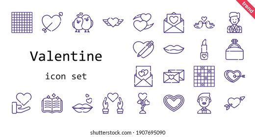 conjunto de iconos de valentina. estilo de icono de línea. íconos relacionados con valentina como cupido, amor, labios, novio, libro de ortografía, anillo de compromiso, aves amorosas, tic tac, carta de amor, lápiz labial, beso, corazón