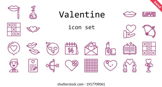 valentine icon set. line icon style. valentine related icons such as love, groom, bow, lipstick, kiss, heart, love potion, cupid, lips, spellbook, in love, tic tac toe, love letter, valentines day, 