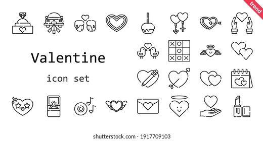 valentine icon set. line icon style. valentine related icons such as love, couple, engagement ring, caramelized apple, lipstick, heart, cupid, wedding car, romantic music, love birds, tic tac toe