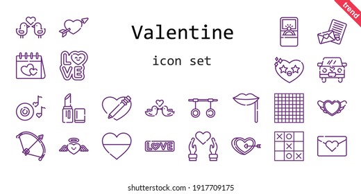 valentine icon set. line icon style. valentine related icons such as love, engagement ring, bow, lipstick, heart, wedding car, cupid, lips, romantic music, rings, love birds, tic tac toe, love letter