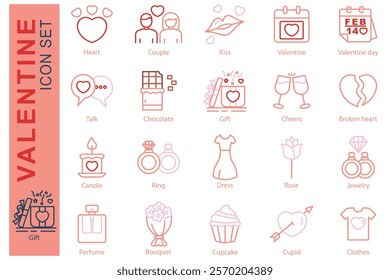 Valentine icon set. line icon style. containing icon heart, gift, bouquet, and more. valentine day element vector illustration