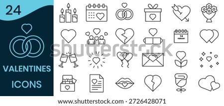 Valentine icon set. Out line icon of broken heart, ring,  concept signs, love, crushes and significant others through hearts, cards, bow, arrow, cupid, gifts and more. Vector illustration  