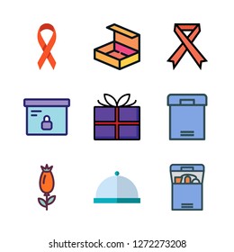 valentine icon set. vector set about box, ribbon, dinner and rose icons set.