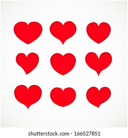 Valentine icon set. Vector illustration. Red vector hearts with shadows for your holiday design