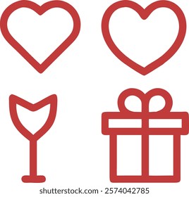 Valentine icons, bold line style. Valentines day signs and love symbols with gift box.