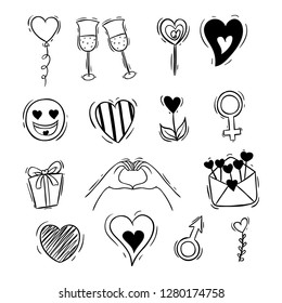 valentine icons or elements collection with doodle or hand drawn style