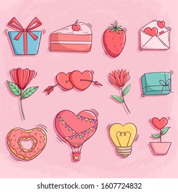 Valentine icons or elements with colorful doodle style on pink background