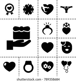 Valentine icons. set of 13 editable filled valentine icons such as ring, gift, heart ribbon, gear heart, flower