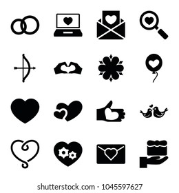Valentine icons. set of 16 editable filled valentine icons such as gift, bow, engagement ring, love letter, gear heart, laptop with heart, lovebirds