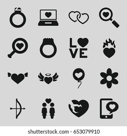 Valentine icons set. set of 16 valentine filled icons such as flower, heart with wings, women couple, laptop with heart, love word, ring