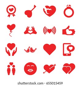 Valentine icons set. set of 16 valentine filled icons such as heart, heart with arrow, kiss emot, women couple, heart ribbon, lovebirds