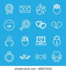 Valentine icons set. set of 16 valentine outline icons such as ring, heart, heart ribbon, love letter, lovebirds