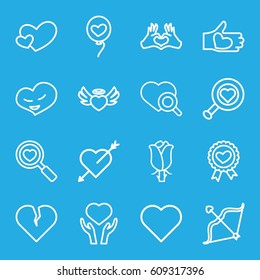Valentine icons set. set of 16 valentine outline icons such as rose, heart search, heart on hand