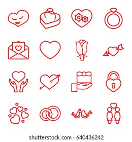 Valentine icons set. set of 16 valentine outline icons such as rose, heart on hand, women couple, gear heart, love letter, lovebirds, ring in box, gift, engagement ring