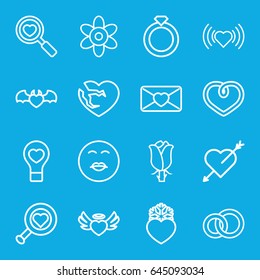 Valentine icons set. set of 16 valentine outline icons such as flower, heart, rose, love letter, heart search, kiss emot, engagement ring
