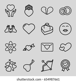 Valentine icons set. set of 16 valentine outline icons such as heart, flower, heart on hand, bow, ring in box, kiss emot, engagement ring