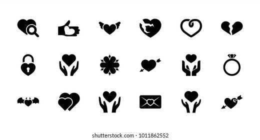 Valentine icons. set of 18 editable filled valentine icons: broken heart, hand with heart, hearts, love letter, flower