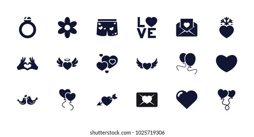 Valentine icons. set of 18 editable filled valentine icons: heart, flower, love letter, heart angel wings, love word, lovebirds, heart balloons