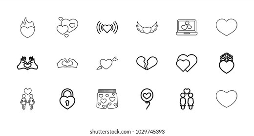 Valentine icons. set of 18 editable outline valentine icons: heart, broken heart, hearts
