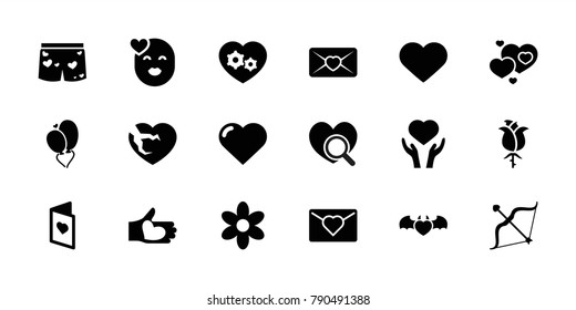 Valentine icons. set of 18 editable filled valentine icons: heart, flower, love letter, heart on hand, gear heart, bow, love card, kiss emot