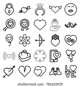 Valentine icons. set of 25 editable outline valentine icons such as flower, ring, kiss emot, heart with wings, bow, heart with arrow, heart search, love word, lovebirds