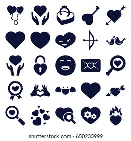 Valentine icons set. set of 25 valentine filled icons such as kiss emot, heart search, heart on hand, love letter, lovebirds, ring in box