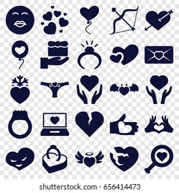 Valentine icons set. set of 25 valentine filled icons such as ring, heart with arrow, kiss emot, heart on hand, love letter, bow, ring in box