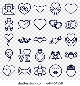 Valentine icons set. set of 25 valentine outline icons such as flower, heart, heart on hand, women couple, gear heart, love letter, love word, lovebirds, kiss emot, ring
