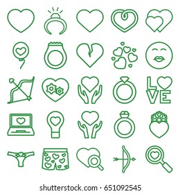 Valentine icons set. set of 25 valentine outline icons such as ring, heart search, heart on hand, gear heart, love word, bow