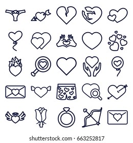 Valentine icons set. set of 25 valentine outline icons such as rose, heart search, love letter, heart angel wings, broken heart, bow