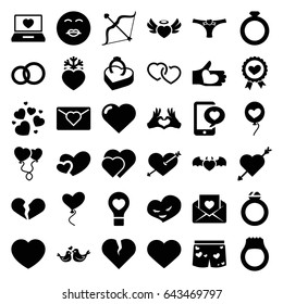 Valentine icons set. set of 36 valentine filled icons such as heart, heart with arrow, kiss emot, broken heart, love letter, lovebirds, bow, ring in box, ring