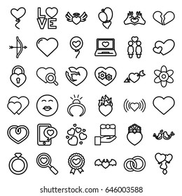 Valentine icons set. set of 36 valentine outline icons such as heart, flower, ring, heart search, women couple, heart ribbon, love word, lovebirds, kiss emot, gift