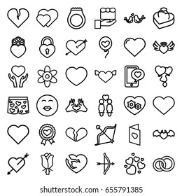 Valentine icons set. set of 36 valentine outline icons such as heart, flower, rose, heart on hand, women couple, heart ribbon, lovebirds, bow, ring in box, love card