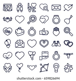 Valentine icons set. set of 36 valentine outline icons such as heart, heart search, women couple, gear heart, love letter, love word, bow, ring in box, gift