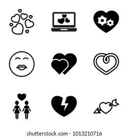 Valentine icons. set of 9 editable filled and outline valentine icons such as hearts, gear heart, kiss emot, heart