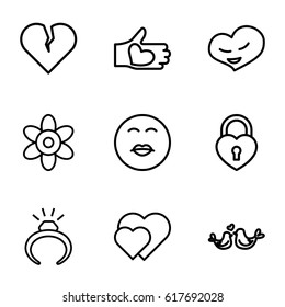 Valentine icons set. set of 9 valentine outline icons such as flower, ring, lovebirds, heart, heart lock, hand with heart