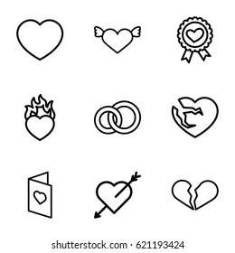 Valentine icons set. set of 9 valentine outline icons such as heart ribbon, broken heart, love card