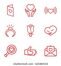 Valentine icons set. set of 9 valentine outline icons such as ring, heart, rose, heart on hand, love letter