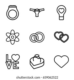 Valentine icons set. set of 9 valentine outline icons such as flower, bulb heart, love word, heart, panties with heart, ring in box, ring