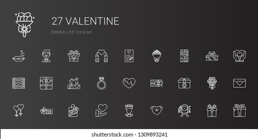 valentine icons set. Collection of valentine with cupid, love, bouquet, gift, voucher, couple, gifts, broken heart, engagement ring, wedding video. Editable and scalable valentine icons.