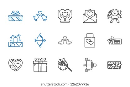 valentine icons set. Collection of valentine with gifts, cupid, gift, voucher, wedding gift, love birds, love letter, heart. Editable and scalable valentine icons.