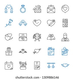 valentine icons set. Collection of valentine with heart, rings, love letter, ring, wedding day, gift, gifts, cupid, groom, wedding ring. Editable and scalable valentine icons.