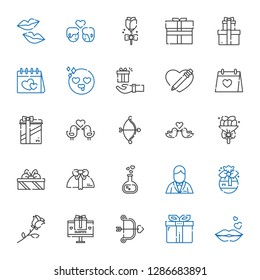 valentine icons set. Collection of valentine with kiss, gift, cupid, rose, groom, love potion, gifts, bouquet, love birds, wedding day. Editable and scalable valentine icons.