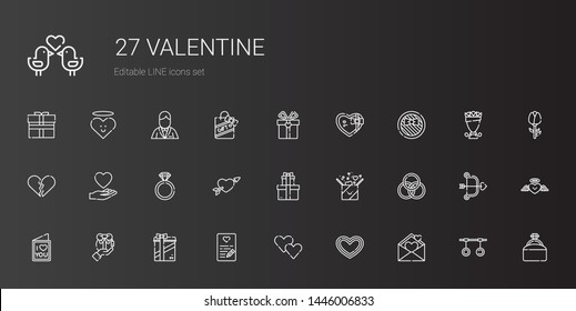 valentine icons set. Collection of valentine with love letter, heart, gifts, gift, rings, cupid, engagement ring, love, broken heart, rose. Editable and scalable valentine icons.